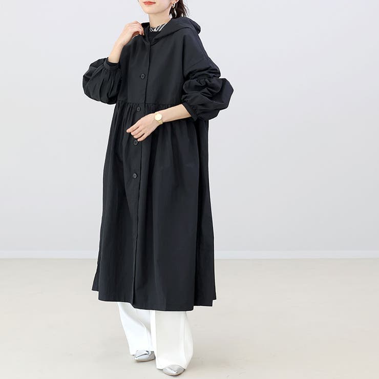ナイロンギャザー切替フードロングブルゾン[品番：FNYW0003575