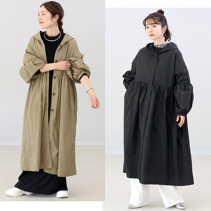 ナイロンギャザー切替フードロングブルゾン[品番：FNYW0003575