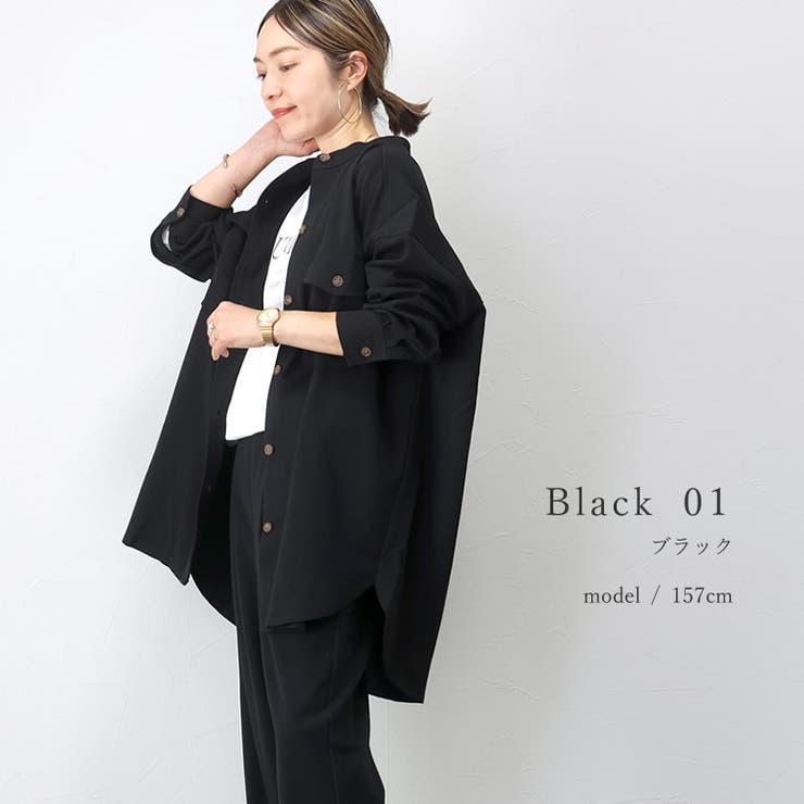 バンドカラーエステルスパンシャツチュニック[品番：FNYW0002235