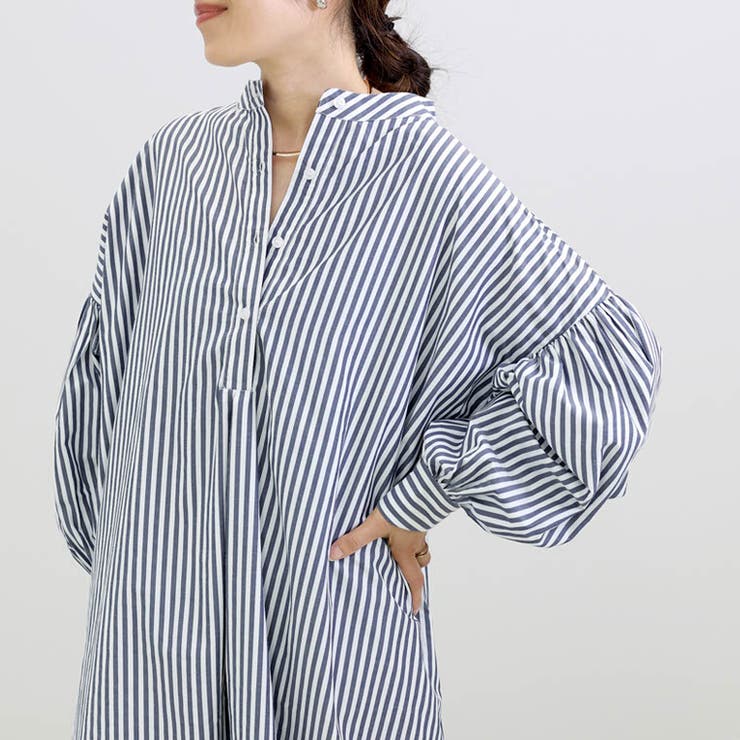 T/Cストライプバンドカラー長袖シャツワンピース | FUNNY COMPANY＋  | 詳細画像6 