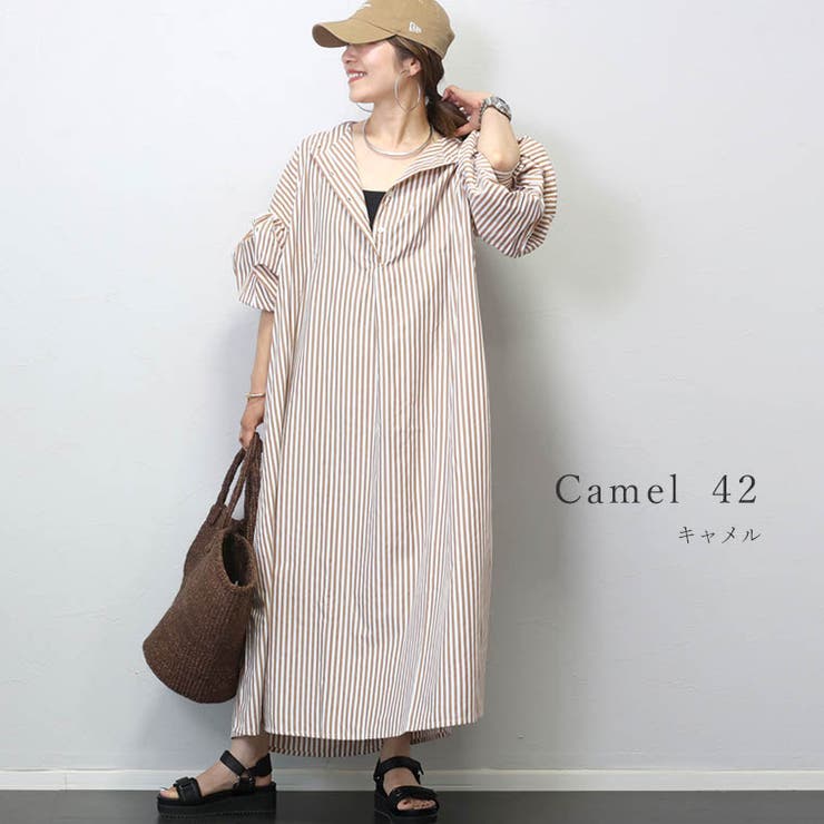 T/Cストライプバンドカラー長袖シャツワンピース[品番