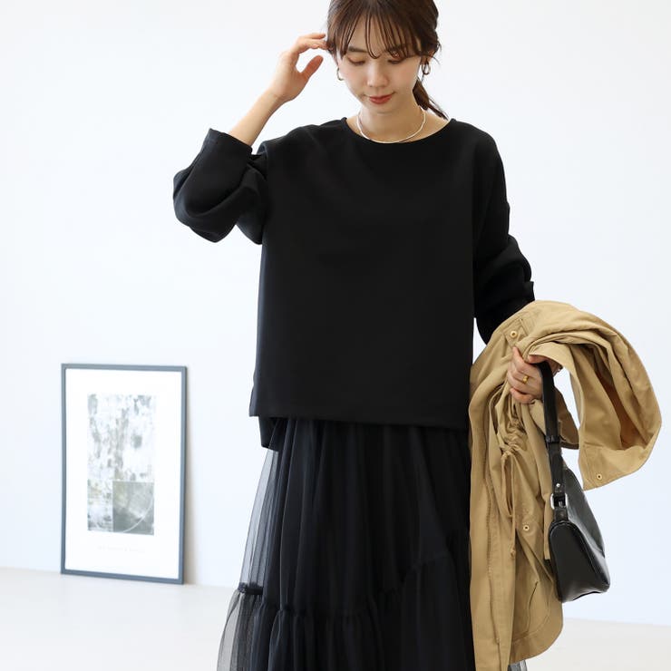 ANIECA バック タック ボーダー プルオーバー 長袖　Off×Black ダンボール袖タックボートネックプルオーバー[品番：FNYW0003240