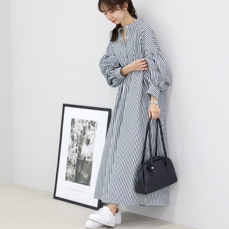 T/Cストライプバンドカラー長袖シャツワンピース[品番：FNYW0002997