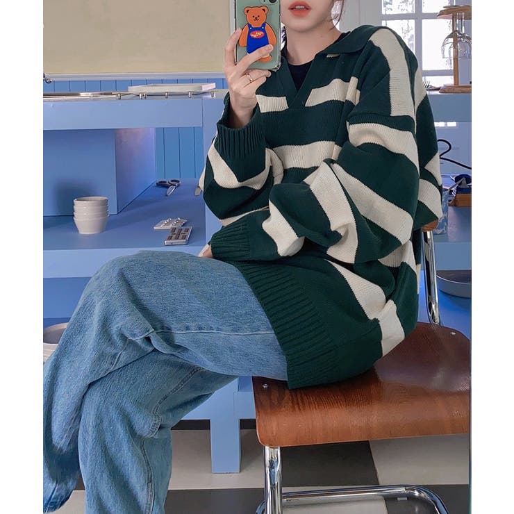 ASCLO(エジュクロ)ASCO Border V Collar Knit[品番：NWIW0009899
