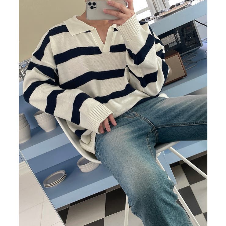 ASCLO(エジュクロ)ASCO Border V Collar Knit[品番:NWIW0009899 ASCLO(エジュクロ)ASCO Border V Collar Knit[品番:NWIW0009899