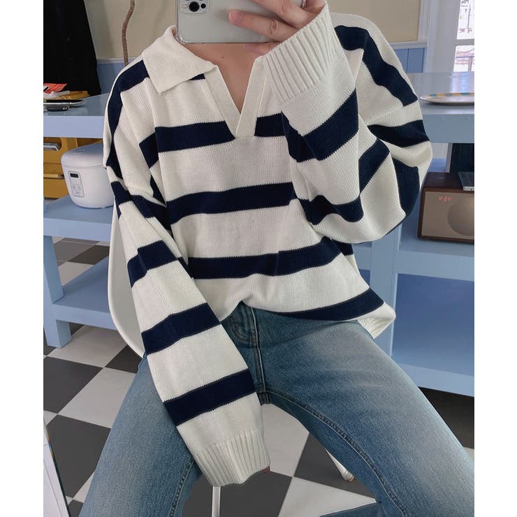 ASCLO(エジュクロ)ASCO Border V Collar Knit[品番：NWIW0009899