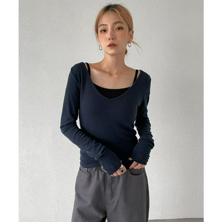 BLACKUP ウィザーVネックレイヤード長袖Tシャツ[品番