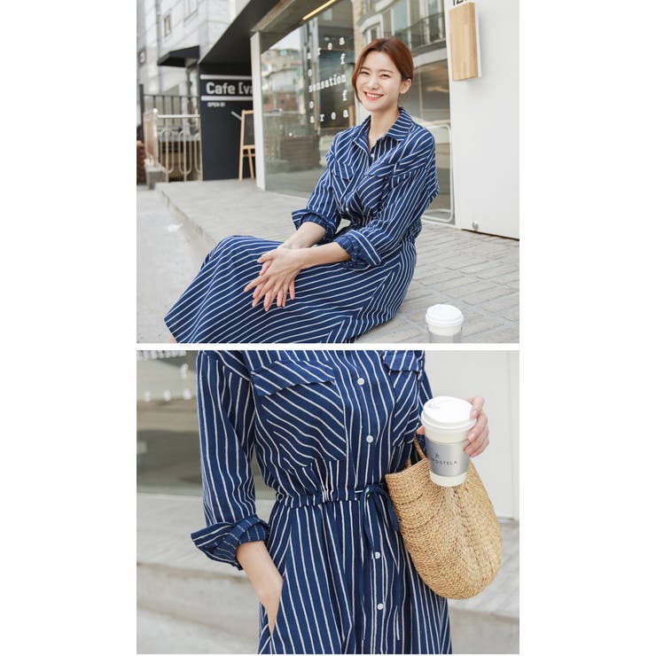 ストライプ シャツ ワンピース ウエストリボン 韓国 ■2284 ストライプシャツワンピース2 | La boutique BonBon(ラブ