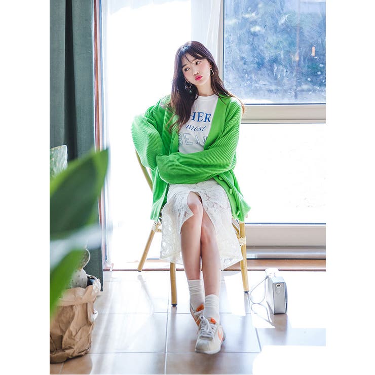ちゅら様カーディガン緑、ロンT白、ベージュ CHUU(チュー)春のワルツカーディガン韓国 ファッション カーディガン
