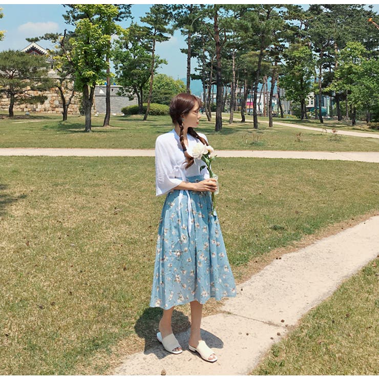 MICHYEORA(ミチョラ)韓服花柄スカート水色 韓国 韓国ファッション[品番