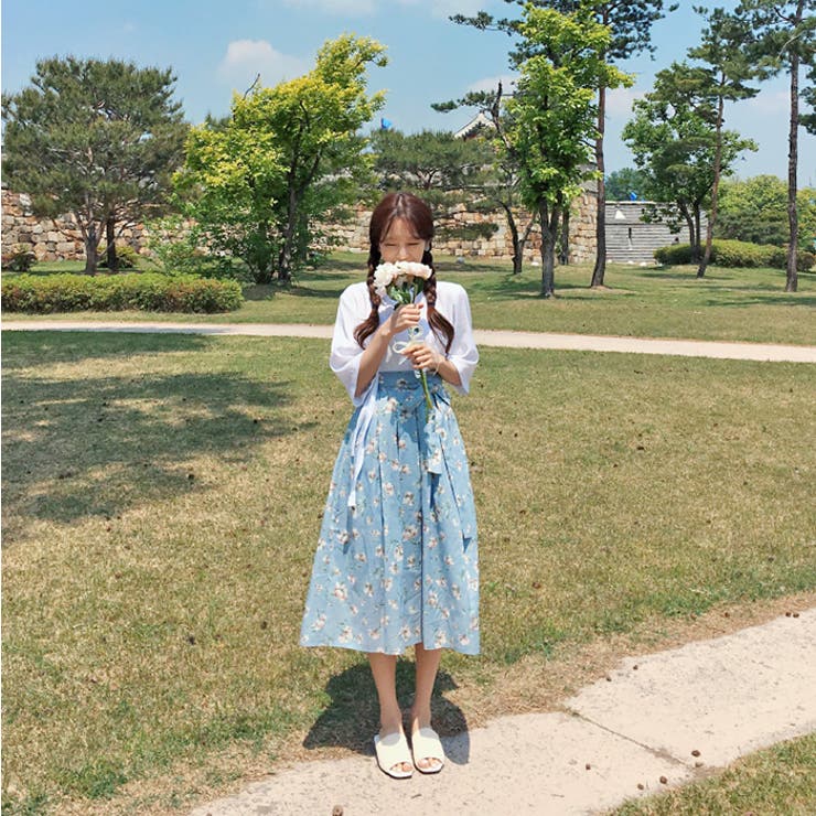 MICHYEORA(ミチョラ)韓服花柄スカート水色 韓国 韓国ファッション[品番