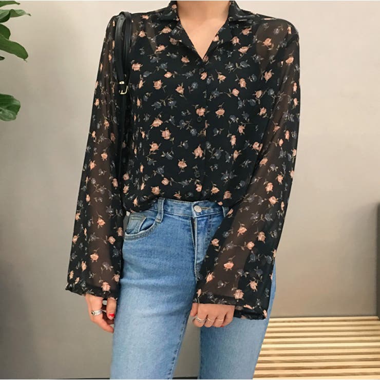 マリア【LEONARD FASHION】シースルー　ブラウス　黒　花柄 レオナール LEONARD FASHION】シースルー ブラウス 黒 花柄