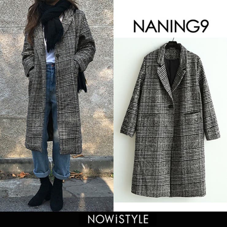 NANING9グレンチェックロングチェスターコート韓国 韓国ファッション コート