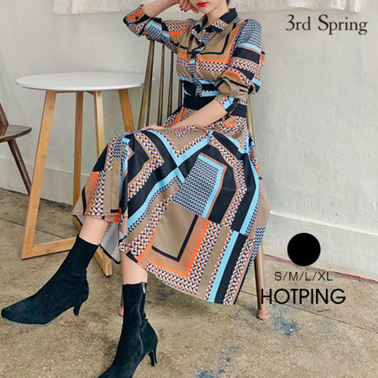 HOTPING(ホッピング)スカーフ柄シャツワンピース韓国 韓国ファッション