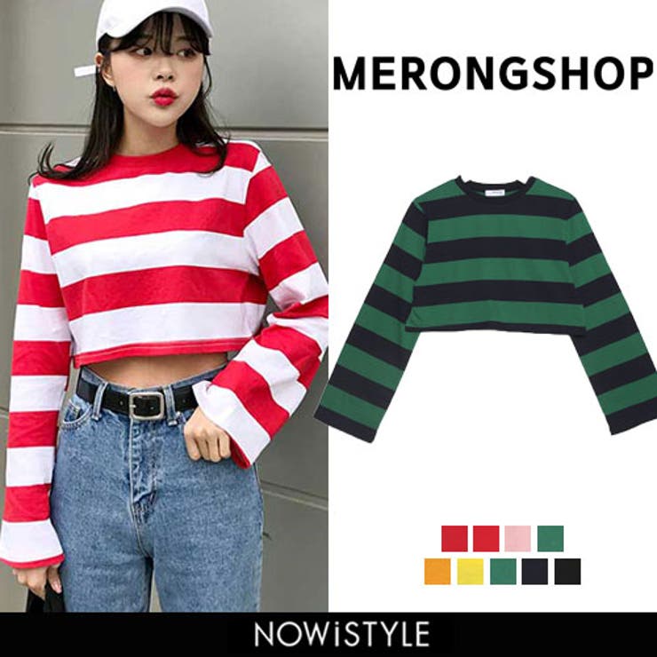 MERONGSHOPクロップドカラーボーダーTシャツ 韓国 韓国