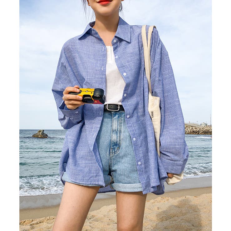 khakipoint 韓国　青　シャツ ショッピングゴー shoppinggo 重ね着風長袖シャツ 韓国