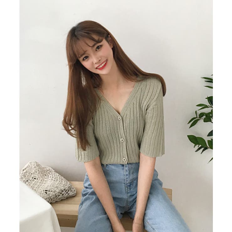 MICHYEORAVネック半袖カーディガン韓国 韓国ファッション[品番