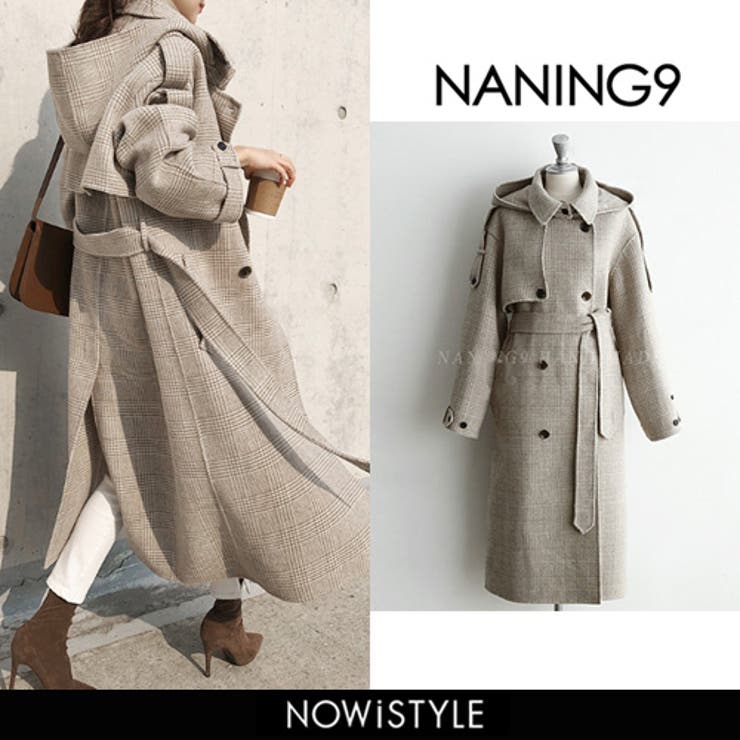 NANING9グレンチェックハンドメイドロングコート韓国 韓国ファッション ...
