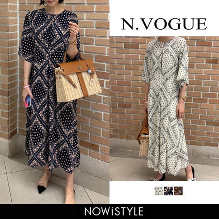 N Vogueペイズリー柄半袖ワンピース韓国 韓国ファッション[品番