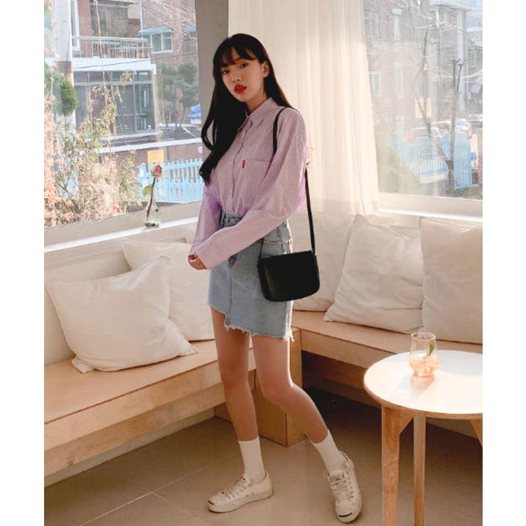 リボン総柄ストライプシャツ オーバーサイズ ロングシャツ[品番