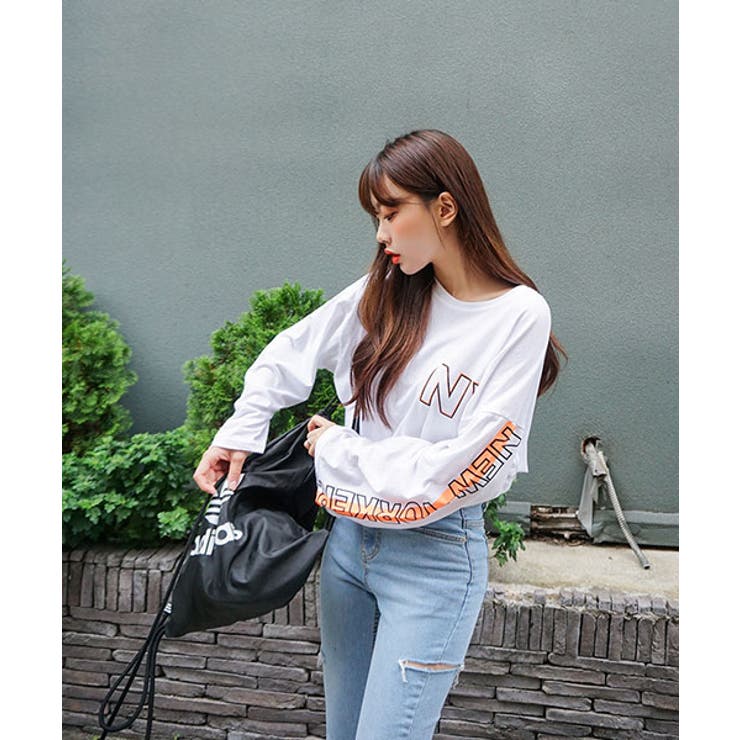 スクエアプリント カジュアル長袖 スウェッ ト 韓国 894 SONYUNARAニューヨーカー袖ポイント長袖Tシャツ韓国 韓国