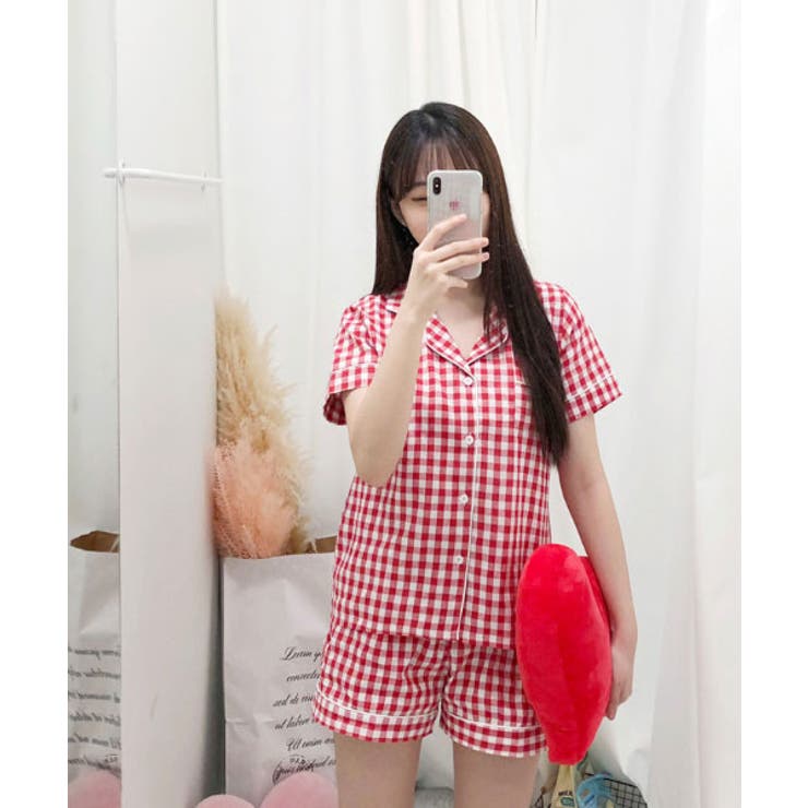 韓国人気パジャマ【Juuneedu】SIMONE ギンガムチェック 2size Qoo10] Juuneedu シモーネギンガムチェック長袖パジャマセッ