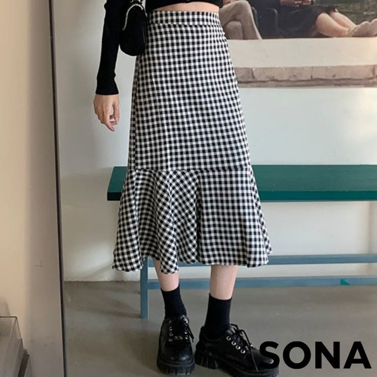 Sonyunara ソニョナラ ギンガムチェックマーメイドロングスカート ロングスカート 人気ブランドを マキシスカート