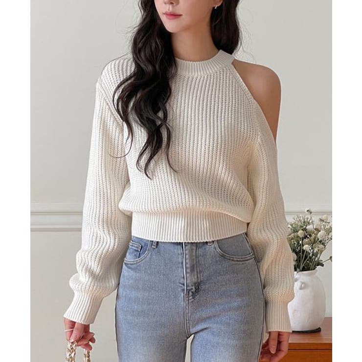 rienda | アシンメトリーショルダーKnit TOP (ニット ) |SHEL