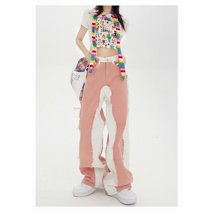 ピンク×ホワイト】デザインパンツ ストリート Y2K 韓国ファッション ...