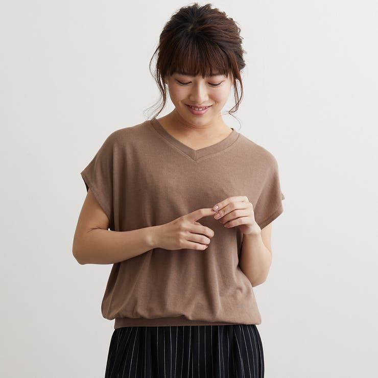 全国どこでも送料無料！ フレンチスリーブ Vネックサマーニット カットソー[品番 トップス
