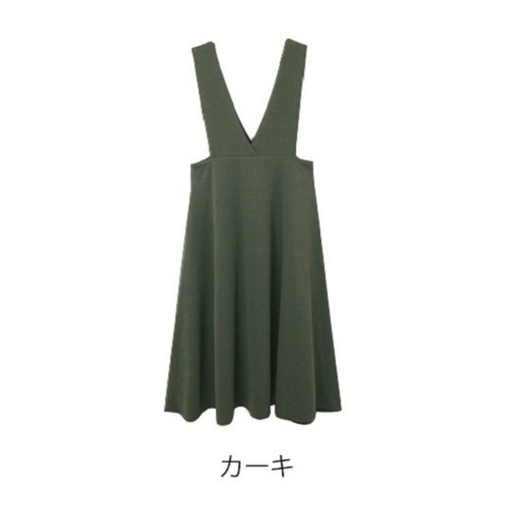 カーキ | 深Vネックがトレンド感up！ジャンパースカートワンピース ゆったり 大きいサイズ | SLENDER