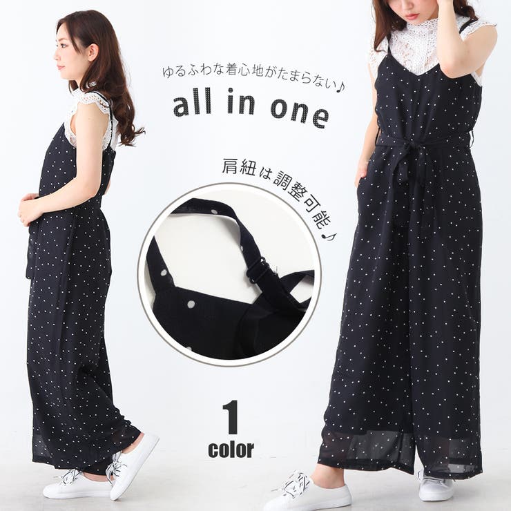 ドット柄オールインワン 水玉 リボン[品番：XL000001604]｜SLENDER