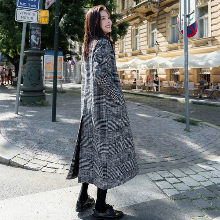 グレンチェックチェスターコート ロングコート ウールコート[品番