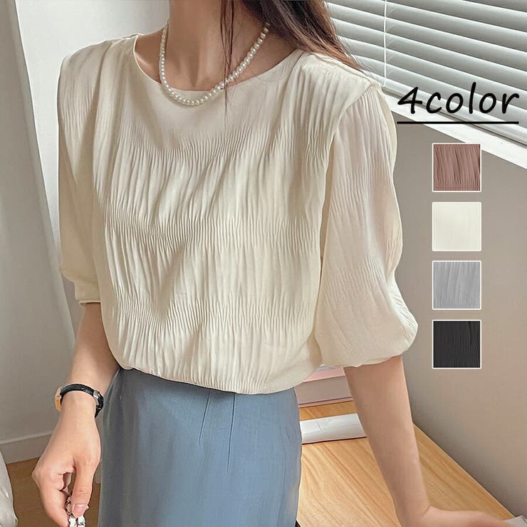 アイボリー | シャーリングシフォンブラウス半袖 シンプル 無地 | SLENDER