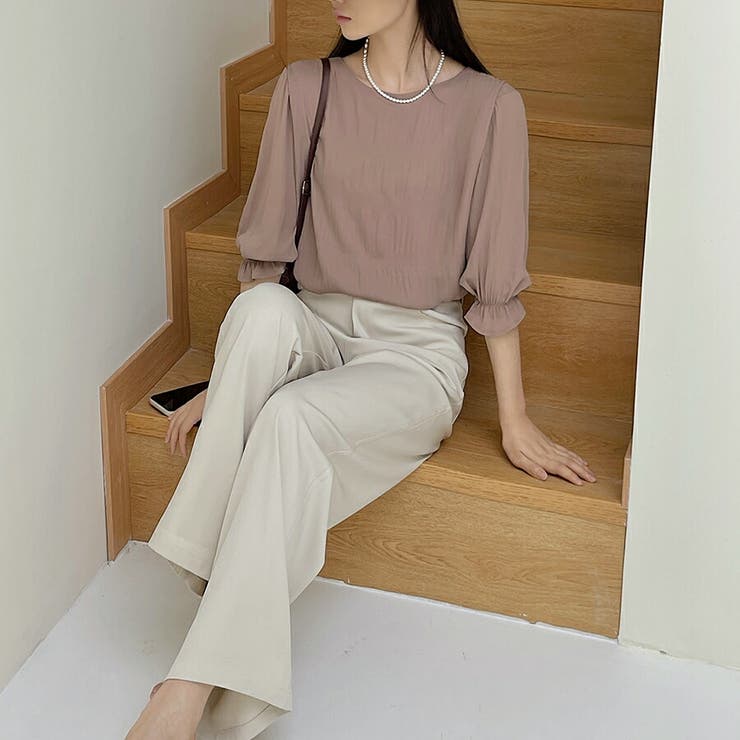 シャーリングシフォンブラウス半袖 シンプル 無地 | SLENDER | 詳細画像10 