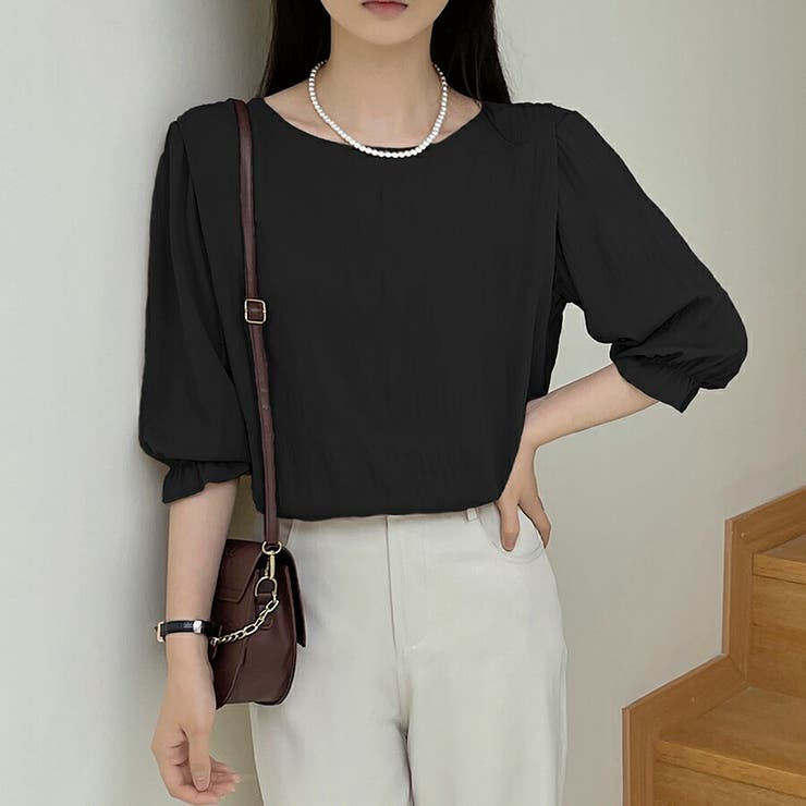 シャーリングシフォンブラウス半袖 シンプル 無地 | SLENDER | 詳細画像1 