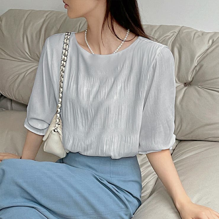 グレー | シャーリングシフォンブラウス半袖 シンプル 無地 | SLENDER