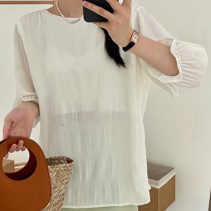 シャーリングシフォンブラウス半袖 シンプル 無地 | SLENDER | 詳細画像2 