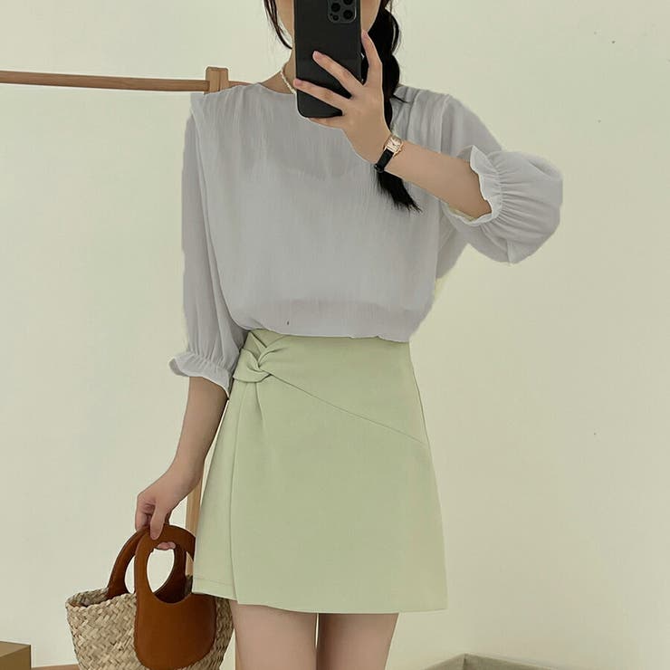 シャーリングシフォンブラウス半袖 シンプル 無地 | SLENDER | 詳細画像4 