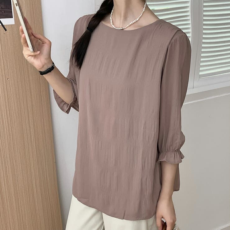 シャーリングシフォンブラウス半袖 シンプル 無地 | SLENDER | 詳細画像5 