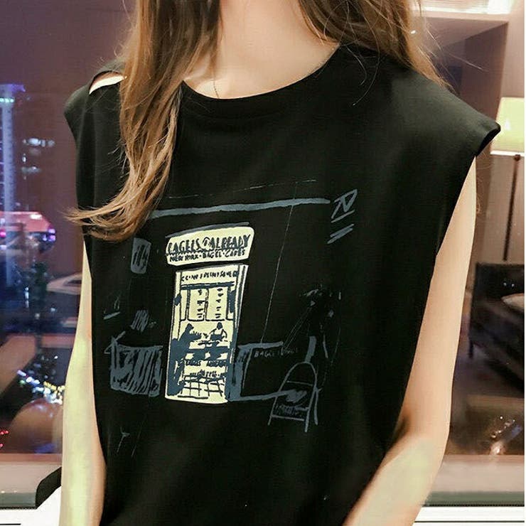 ダメージ加工 ノースリーブTシャツ 甘辛[品番：XL000001954]｜SLENDER