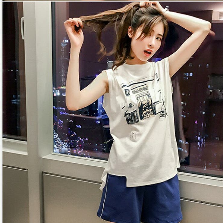 ダメージ加工 ノースリーブTシャツ 甘辛[品番：XL000001954]｜SLENDER