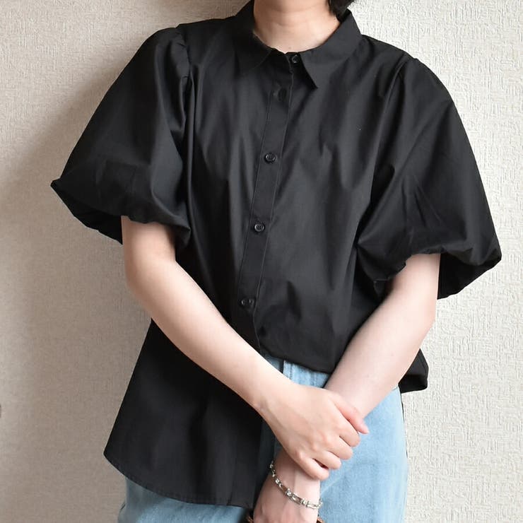 半袖バルーンスリーブブラウス シンプル 無地[品番：XL000002039