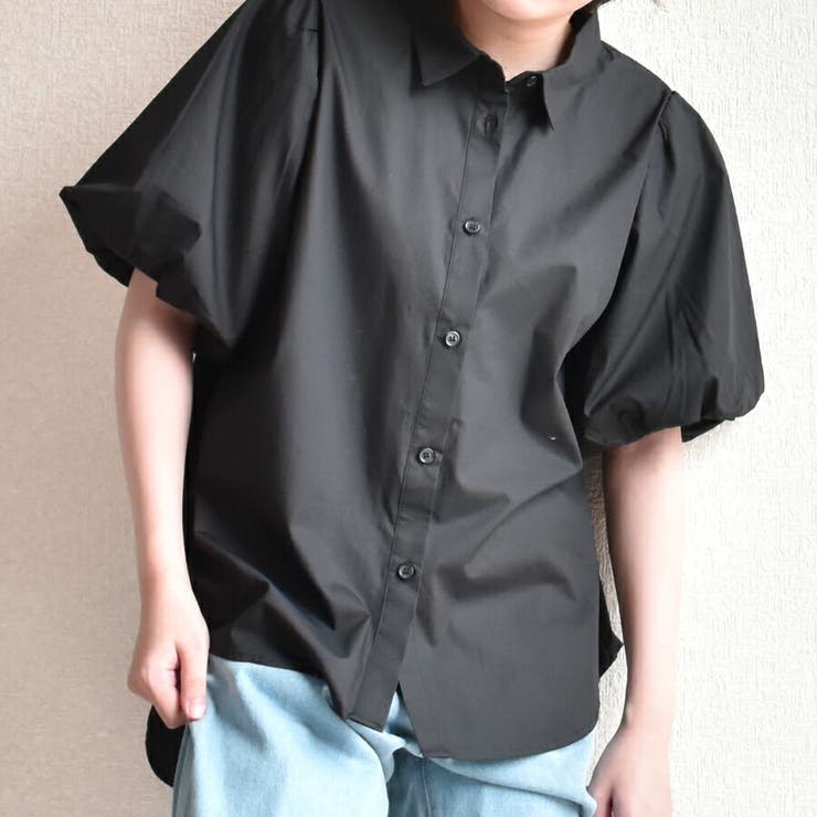 半袖バルーンスリーブブラウス シンプル 無地[品番：XL000002039