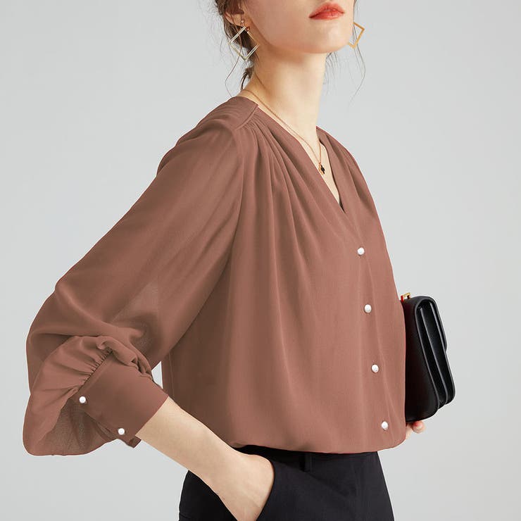 テラコッタ | Vネックシャツブラウス オフィスカジュアル レディース | SLENDER