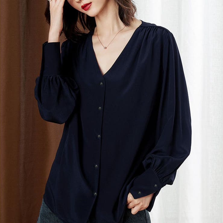 ネイビー | Vネックシャツブラウス オフィスカジュアル レディース | SLENDER