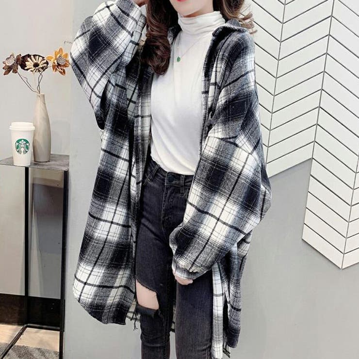 チェック柄ロングシャツ カジュアル 羽織り[品番：XL000002350