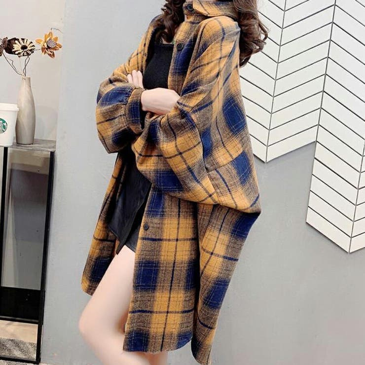 チェック柄ロングシャツ カジュアル 羽織り[品番：XL000002350