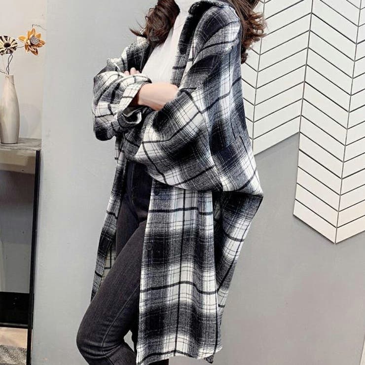 チェック柄ロングシャツ カジュアル 羽織り[品番：XL000002350