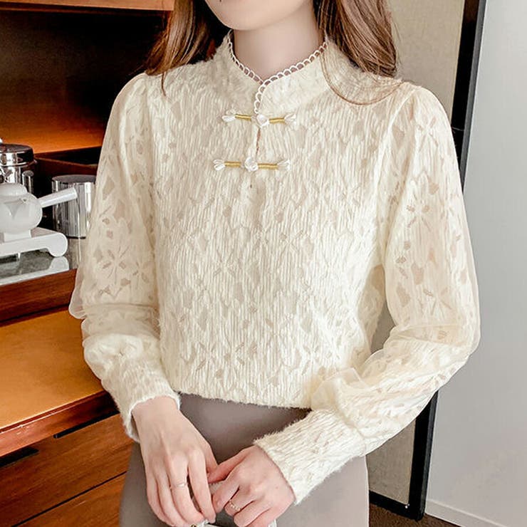 アイボリー | チャイナボタンフラワーレースカットソー 暖かい おしゃれ | SLENDER